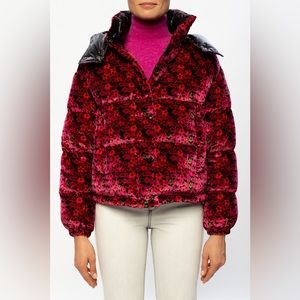 💯 Authentic Moncler Red Floral Velvet Coat, excellent condition. Worn once!